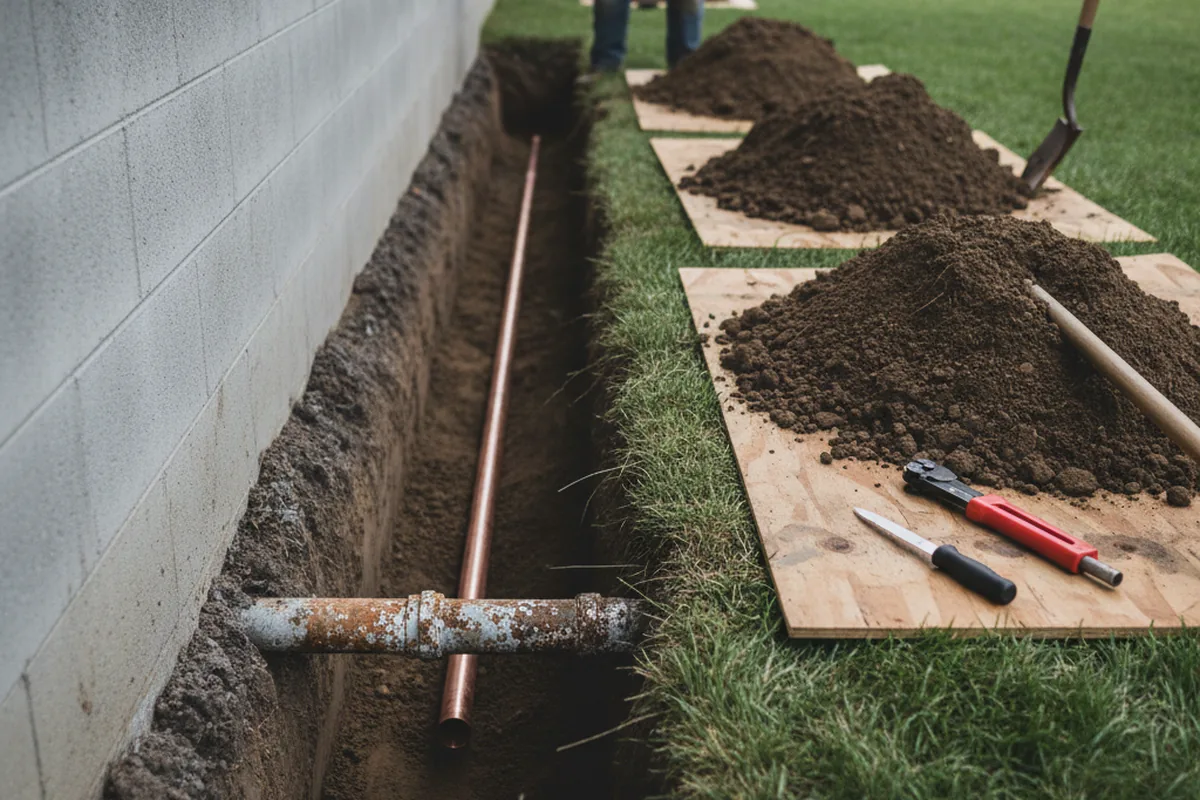 Excavated water line trench during Sewer Line Repair in East Alton